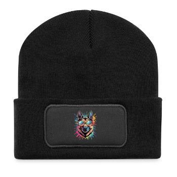 Bunter Deutscher Schäferhund Wasserfarben Spritzer - Recycelte Patch Beanie - Schwarz - Vorne