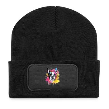 Boston Terrier, chien coloré à l’art éclaboussé - Beanie recyclé à patch - noir - Devant