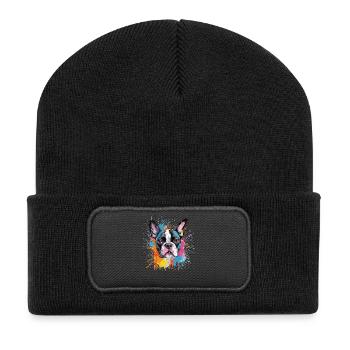Vivid Splash Boston Terrier-Porträt - Recycelte Patch Beanie - Schwarz - Vorne
