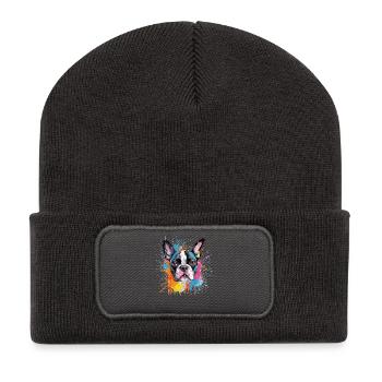 Vivid Splash Boston Terrier-Porträt - Recycelte Patch Beanie - Dunkelgrau - Vorne
