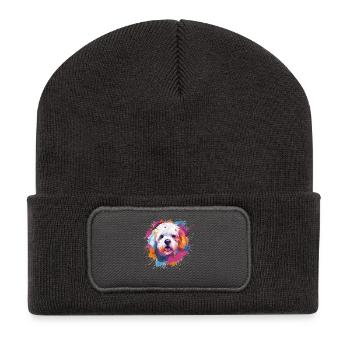 Art éclaboussuré coloré de chien en Bichon Fris - Beanie recyclé à patch - charbon - Devant