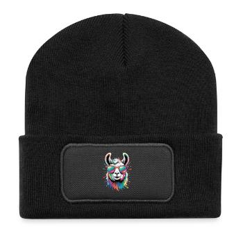 Buntes Lama Wasserfarben Spritzer - Recycelte Patch Beanie - Schwarz - Vorne