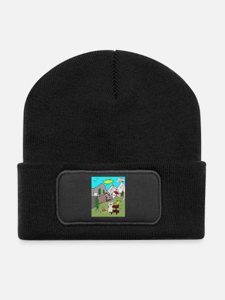 Funny Alpine Idyll Cartoon Holiday Mountains Mountains - Recycled Patch Beanie - black