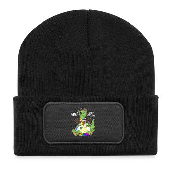 Bunter Drache isst Letztes Einhorn Humor - Recycelte Patch Beanie - Schwarz - Vorne