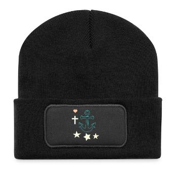 Leuchtender Anker mit Sternen - Recycelte Patch Beanie - Schwarz - Vorne