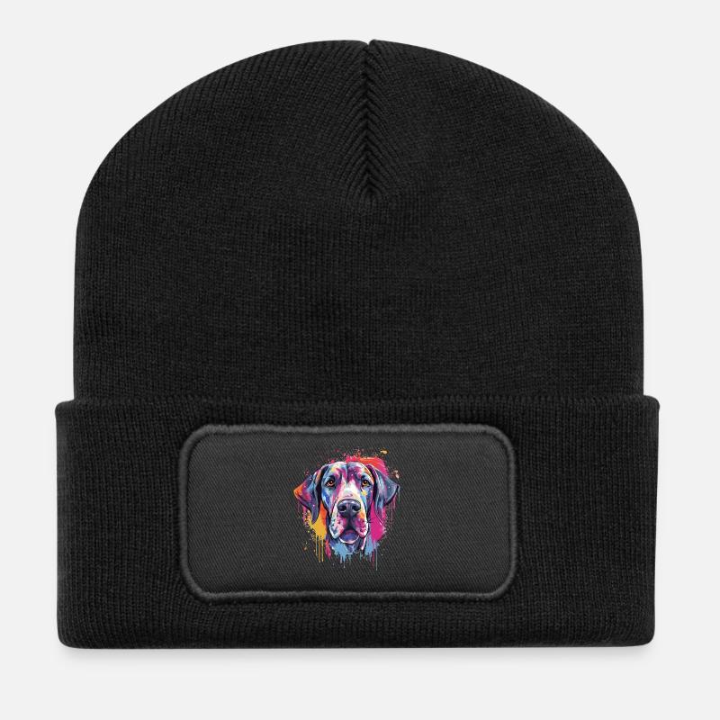 Bunte Hundesplash-Kunst Deutsche Dogge - Recycelte Patch Beanie - Schwarz