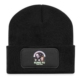 Kawaii Panda Tiger Kung Fu Fighting Pastell - Recycelte Patch Beanie - Schwarz - Vorne