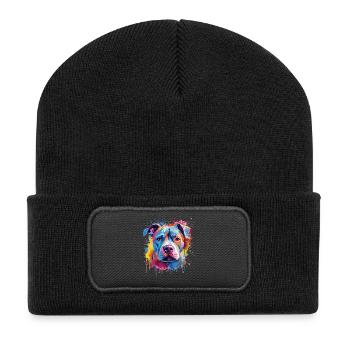 Bunter Pitbull Splash Art Hund - Recycelte Patch Beanie - Schwarz - Vorne