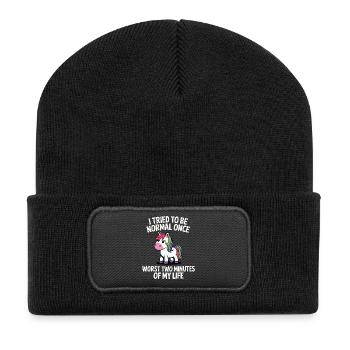 Unerwartet normal: Einhorn-Scherz Geschenk - Recycelte Patch Beanie - Schwarz - Vorne