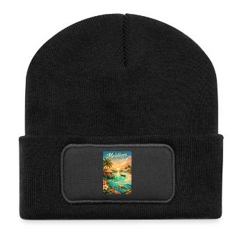Motif de voyage au coucher du soleil sur la plage des Maldives - Beanie recyclé à patch - noir - Devant