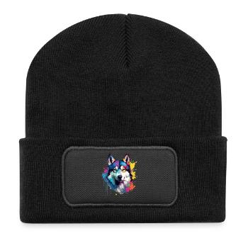 Dog Husky Bunte Spritzkunst - Recycelte Patch Beanie - Schwarz - Vorne