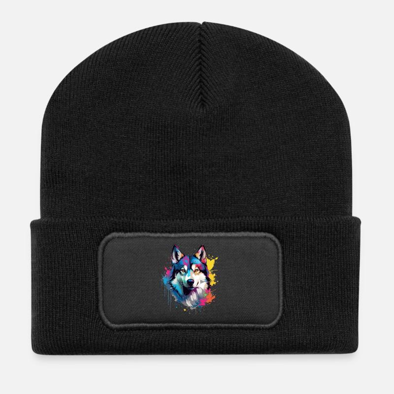 Dog Husky Colorful Splash Art - Recycled Patch Beanie - black