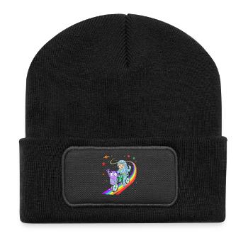 Junge fährt Fahrrad mit Alien-Hemd - Recycelte Patch Beanie - Schwarz - Vorne