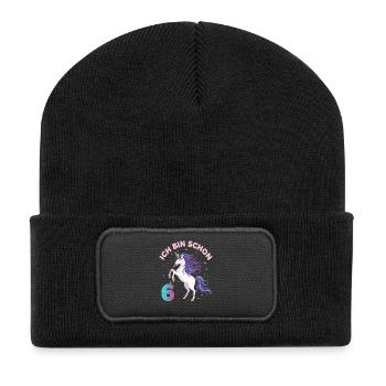 6. Geburtstag Einhorn Mädchen Ich bin schon 6 - Recycelte Patch Beanie - Schwarz - Vorne