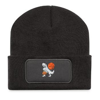 T-Rex Skelett Halloween Kürbis Süßes oder Saures - Recycelte Patch Beanie - Dunkelgrau - Vorne