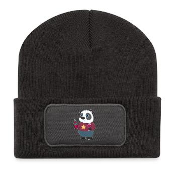 Bouteille de vin rouge panda - Beanie recyclé à patch - charbon - Devant