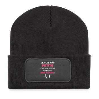 Je suis pas petite: bande d'asperges - Beanie recyclé à patch - charbon - Devant