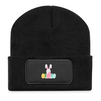 Pastell-Osterhase mit Eiern - Recycelte Patch Beanie - Schwarz - Vorne
