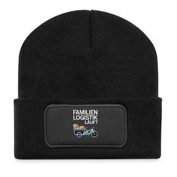 Familienlogistik Läuft Lastenrad - Recycelte Patch Beanie - Schwarz - Vorne