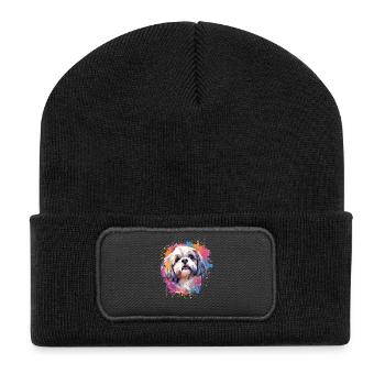 Bunte Splash Art Shih Tzu Hund - Recycelte Patch Beanie - Schwarz - Vorne