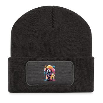 Pudel mit Kopfhörer - Recycelte Patch Beanie - Dunkelgrau - Vorne