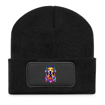 Golden Retriever avec des écouteurs - Beanie recyclé à patch - noir - Devant