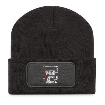 Witziger Bachelor-IDIOT - Recycelte Patch Beanie - Dunkelgrau - Vorne