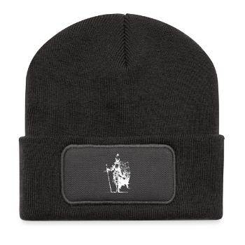 Ritter-Silhouette mit Banner und Schwert - Recycelte Patch Beanie - Dunkelgrau - Vorne