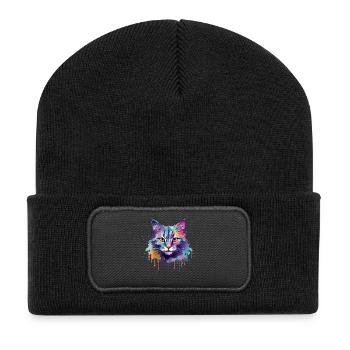 Bunte Splash Art Australische Nebelkatzengesicht - Recycelte Patch Beanie - Schwarz - Vorne