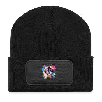 Buntes Splash-Art-Balinesisches Katzengesicht - Recycelte Patch Beanie - Schwarz - Vorne