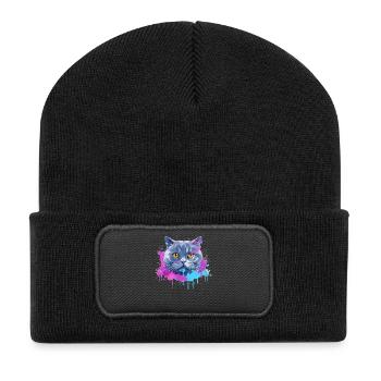 Visage de chat britannique à poil court en art éclaboussé coloré - Beanie recyclé à patch - noir - Devant