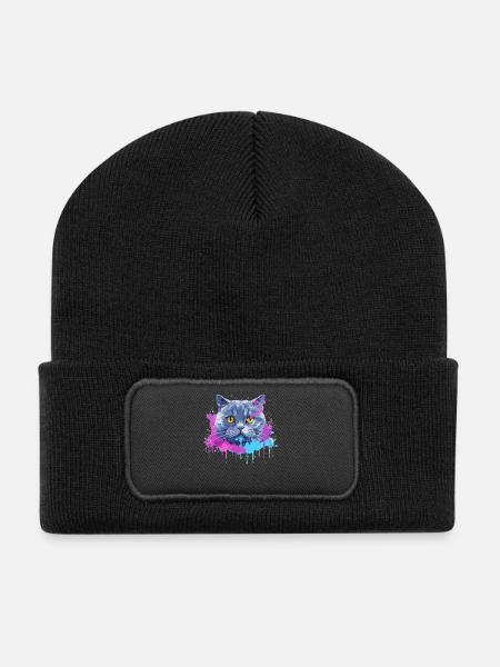 Colorful Splash Art British Shorthair Cat Face  - Recycled Patch Beanie - black