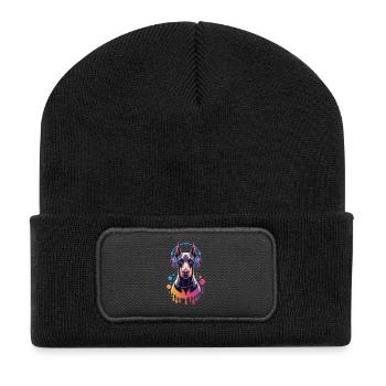 Doberman avec casque - Beanie recyclé à patch - noir - Devant