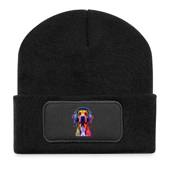 Viszla mit Kopfhörer - Recycelte Patch Beanie - Schwarz - Vorne