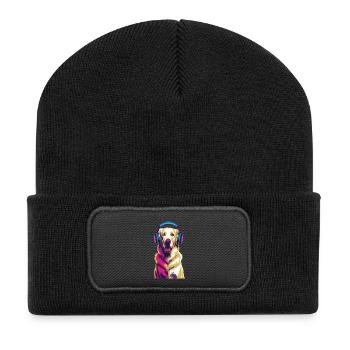 Golden Retriever avec des écouteurs - Beanie recyclé à patch - noir - Devant