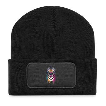 Deutscher Schäferhund mit Kopfhörer - Recycelte Patch Beanie - Schwarz - Vorne