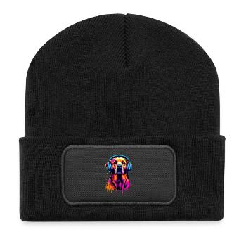 Golden Retriever avec des écouteurs - Beanie recyclé à patch - noir - Devant