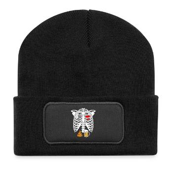 Papa-Skelett Halloween-Bier Pizza lustige Schwangerschaft - Recycelte Patch Beanie - Schwarz - Vorne