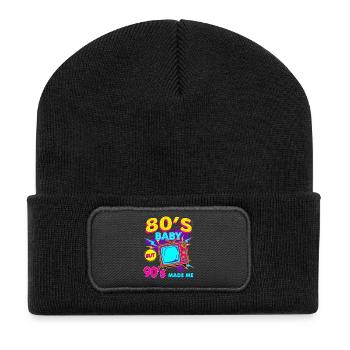 80er90er Neon TV Retro - Recycelte Patch Beanie - Schwarz - Vorne
