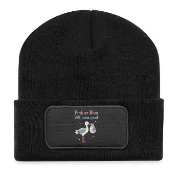 Geschlechterenthüllung Pink oder Blau Wir lieben dich Babyparty - Recycelte Patch Beanie - Schwarz - Vorne