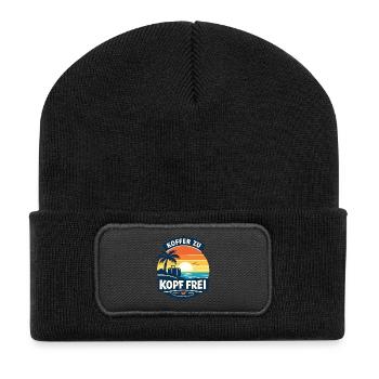 Koffer zu Kopf frei Urlaub am Meer - Recycelte Patch Beanie - Schwarz - Vorne