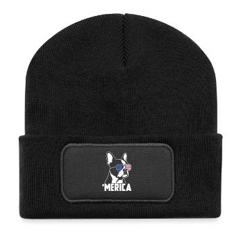 Merica USA Flagge Patriotischer Boston Terrier - Recycelte Patch Beanie - Schwarz - Vorne