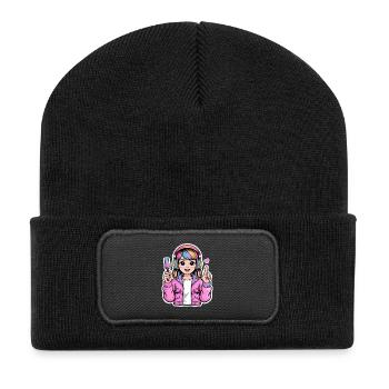 Kawaii girl with headphones - Recycled Patch Beanie - black - Front
