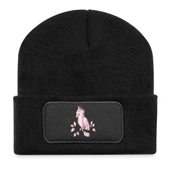 Rosafarbener Kakadu auf Ast Cartoon Design - Recycelte Patch Beanie - Schwarz - Vorne
