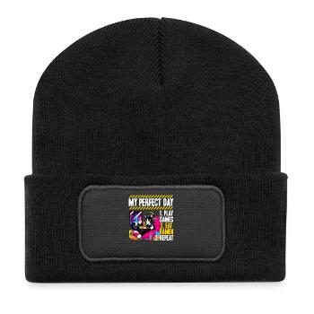 Gamer Gaming Cat Ramen Video Game - Recycled Patch Beanie - black - Front