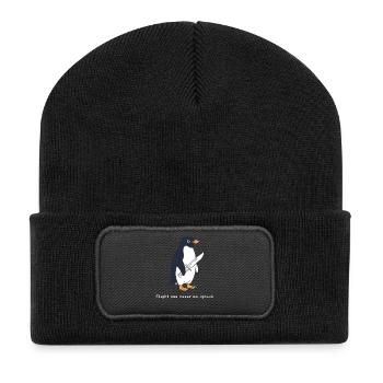 Fliegen war nie eine Option, lustiger Pinguin - Recycelte Patch Beanie - Schwarz - Vorne