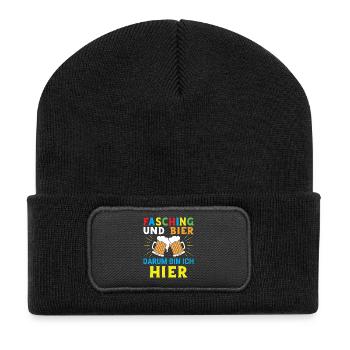 Fasching und Bier darum bin ich hier - Recycelte Patch Beanie - Schwarz - Vorne