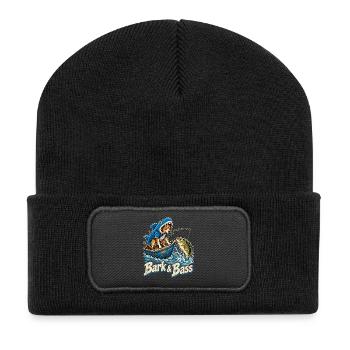 Bark & Bass Hund im Hai-Kostüm beim Angeln - Recycelte Patch Beanie - Schwarz - Vorne