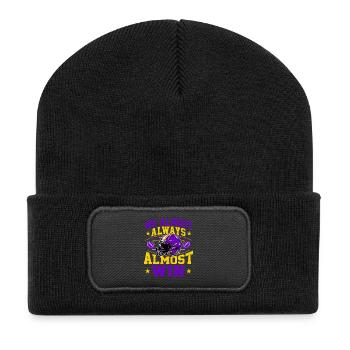 Wir gewinnen fast immer – lila und goldener Fan - Recycelte Patch Beanie - Schwarz - Vorne