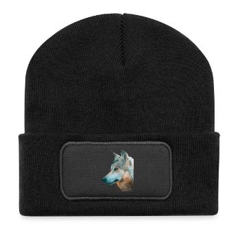 Wolfs Kopf Aquarellprint - Recycelte Patch Beanie - Schwarz - Vorne